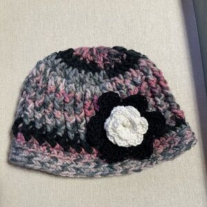 Hand made crochet Multicolor Knit Beanie with Flower Accent 3-6 months